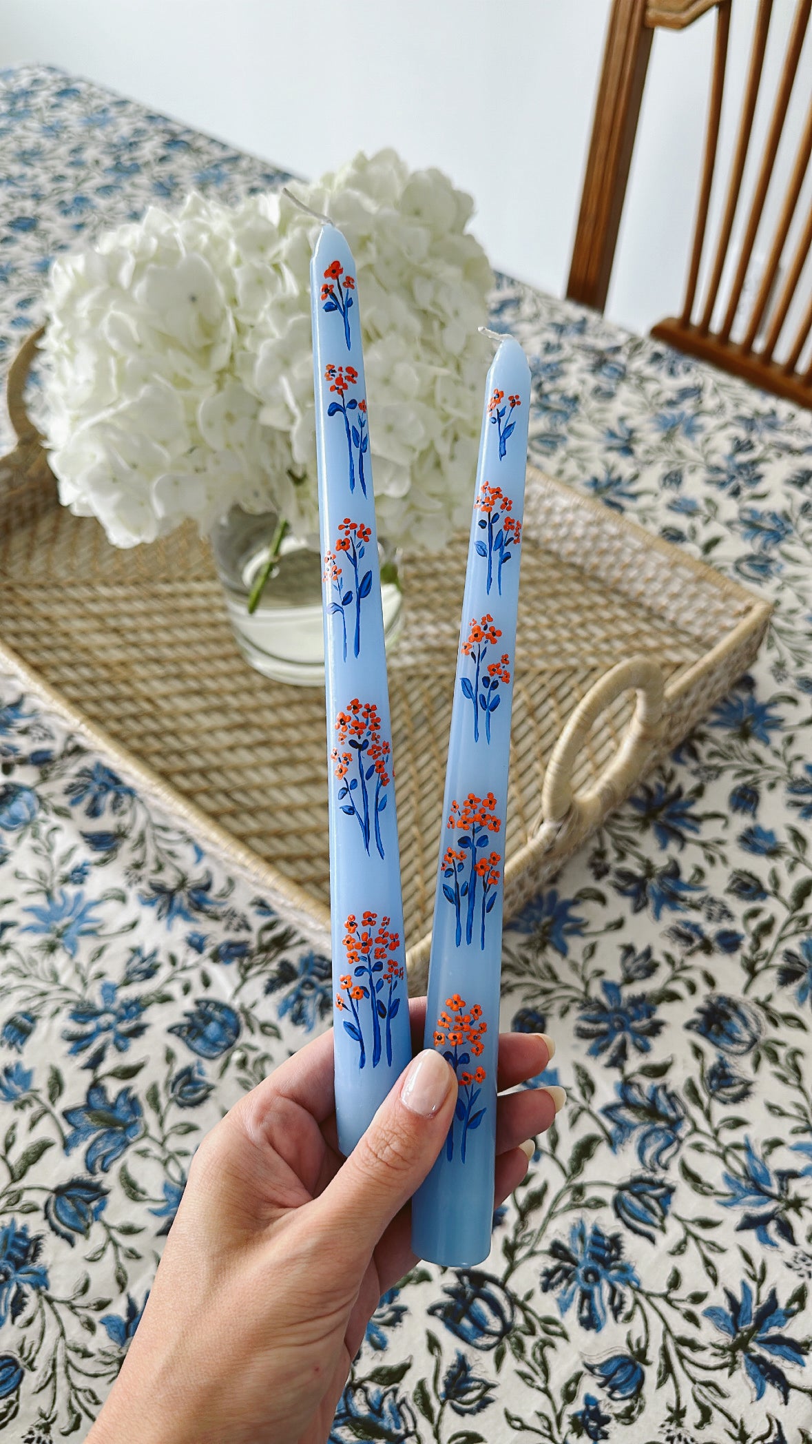 blue & orange floral print hand-painted candlesticks