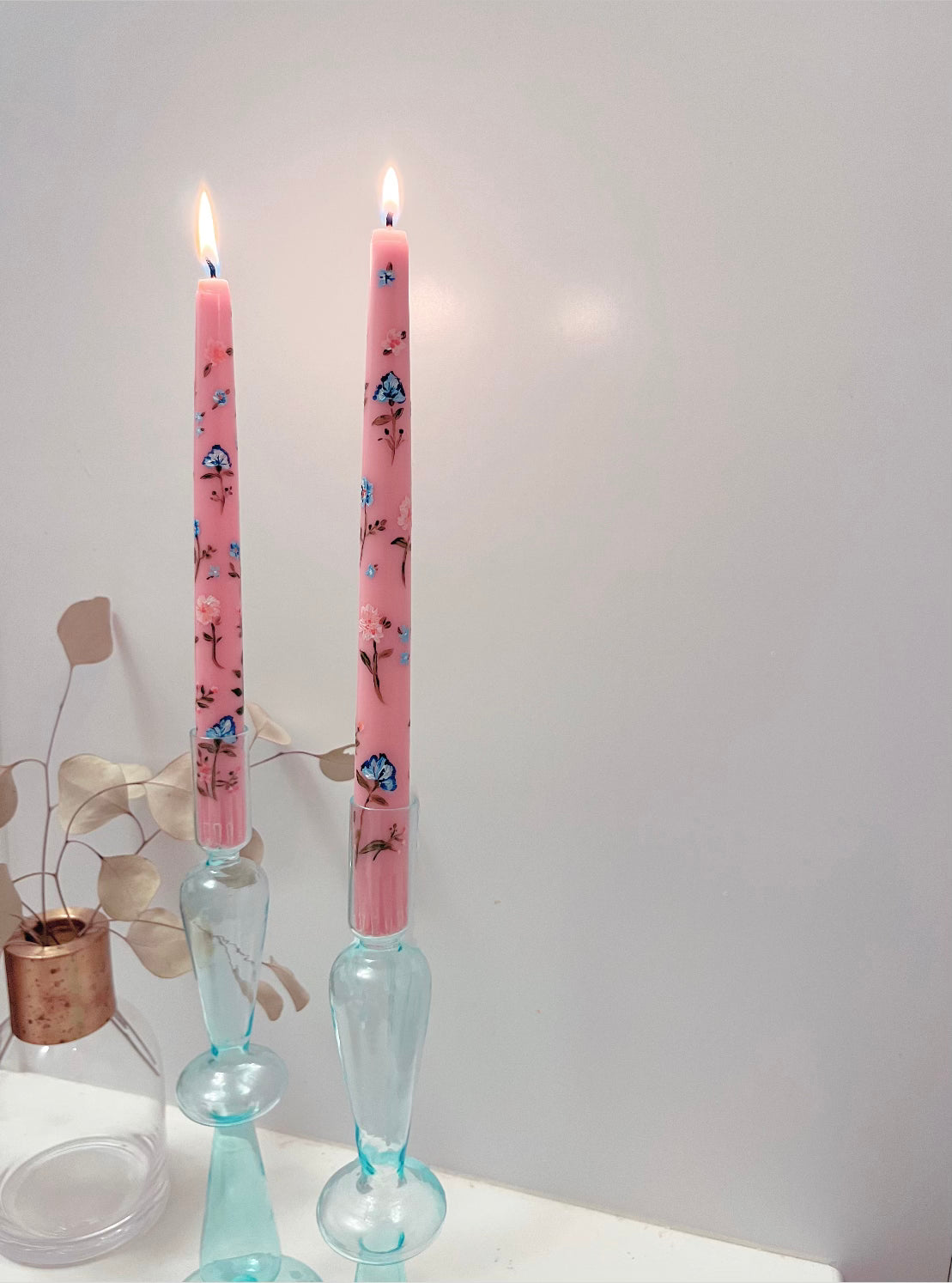pink wildflower hand-painted candlesticks
