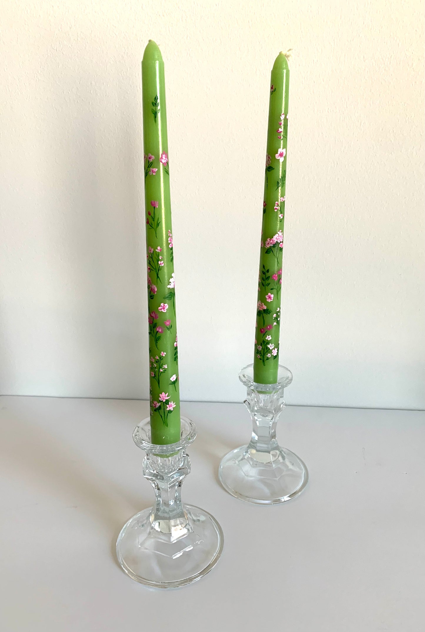 green & pink wildflower hand-painted candlesticks